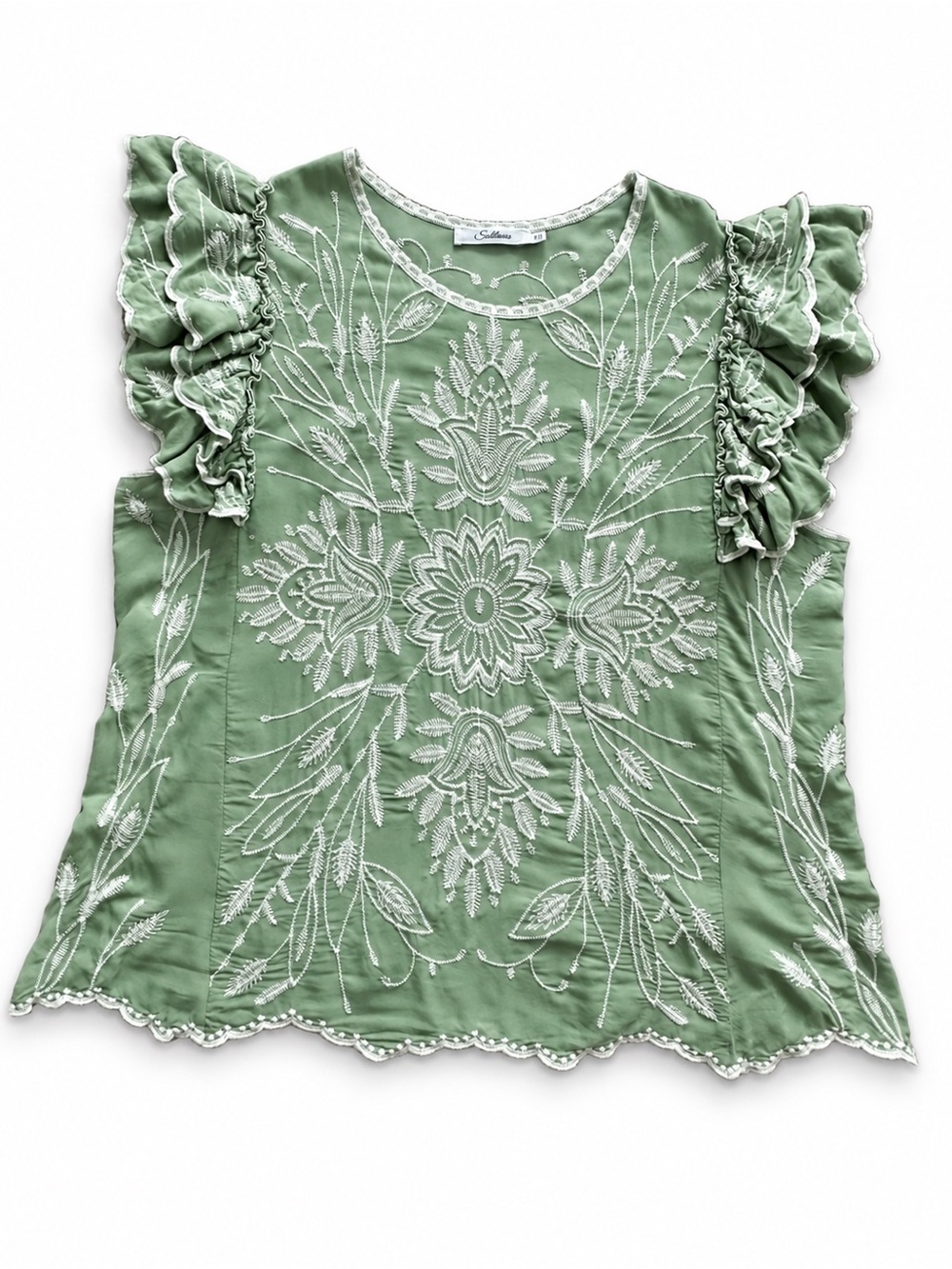 Solitaire sage green embroidered blouse 1X rayon flutter sleeve top